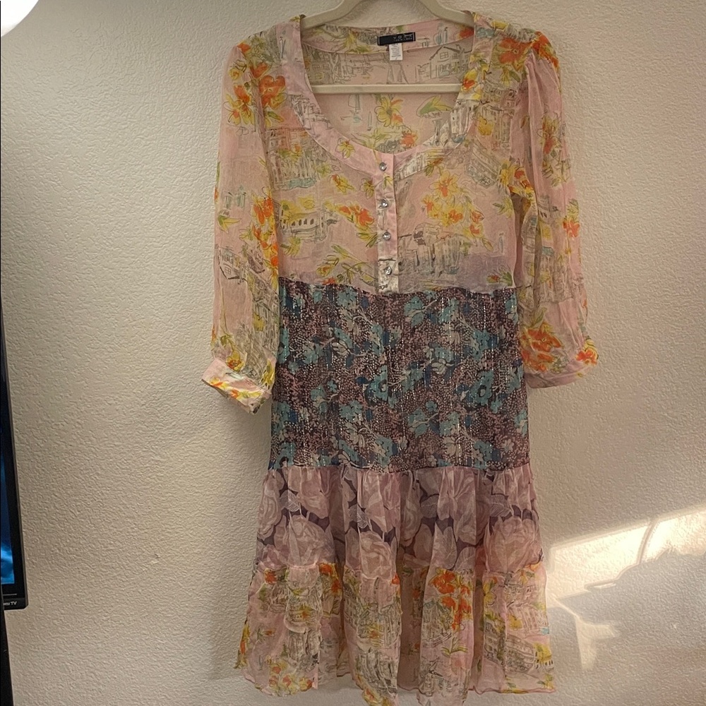 100%Silk patchwork Floral Dress whimsical fairy delicate prairie cottage core L